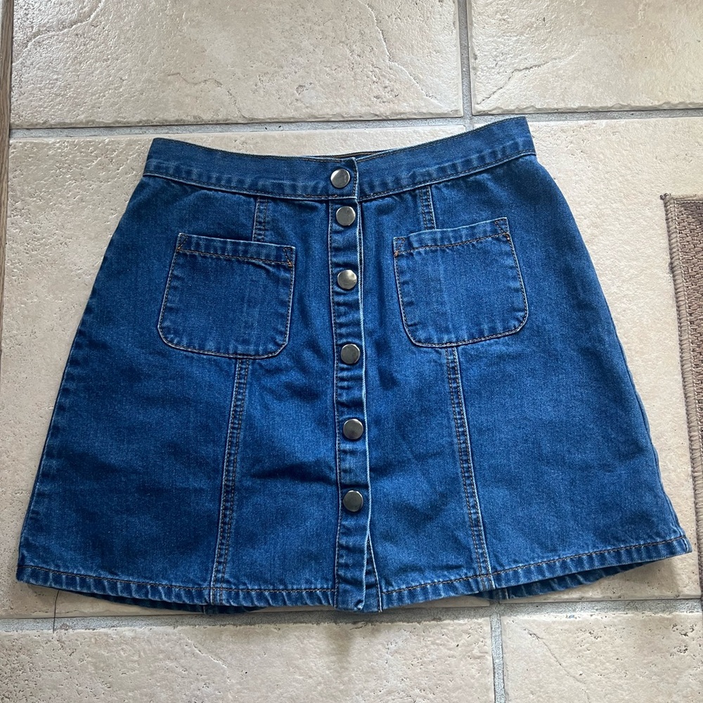 BDG Dark Blue Denim A-Line Button-Front Mini Skirt